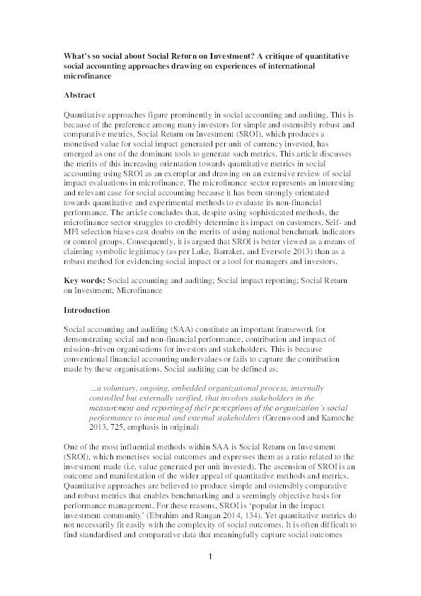 What’s so social about Social Return on Investment? A critique of quantitative social accounting approaches drawing on experiences of international microfinance Thumbnail