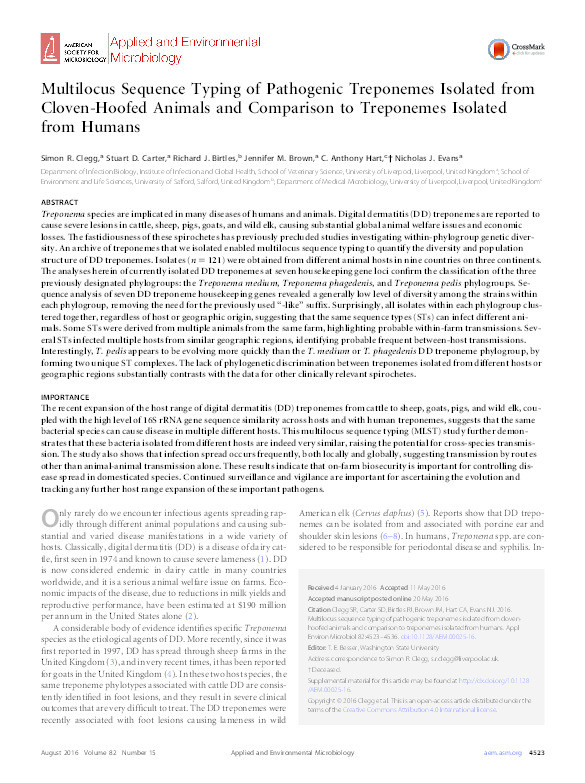 Multilocus sequence typing of pathogenic treponemes isolated from cloven-hoofed animals and comparison to treponemes isolated from humans Thumbnail