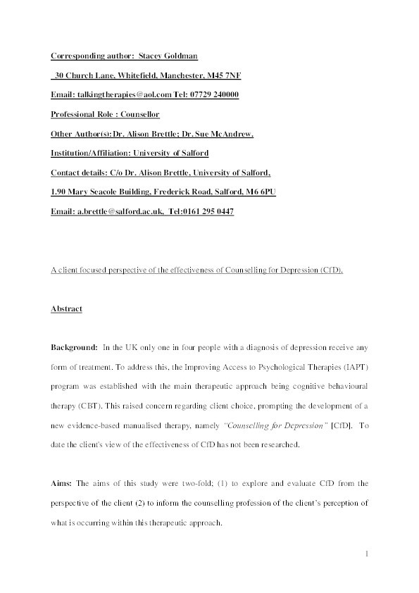 A client focused perspective of the effectiveness of Counselling for Depression (CfD) Thumbnail