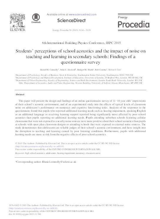 Students’ perceptions of school acoustics and the impact of noise on teaching and learning in secondary schools : findings of a questionnaire survey Thumbnail