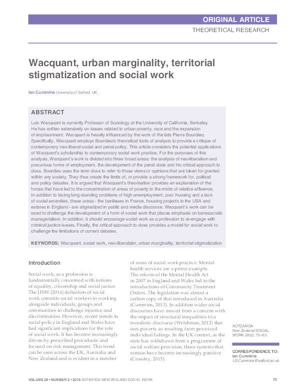 Wacquant, urban marginality, territorial stigmatization and social work Thumbnail