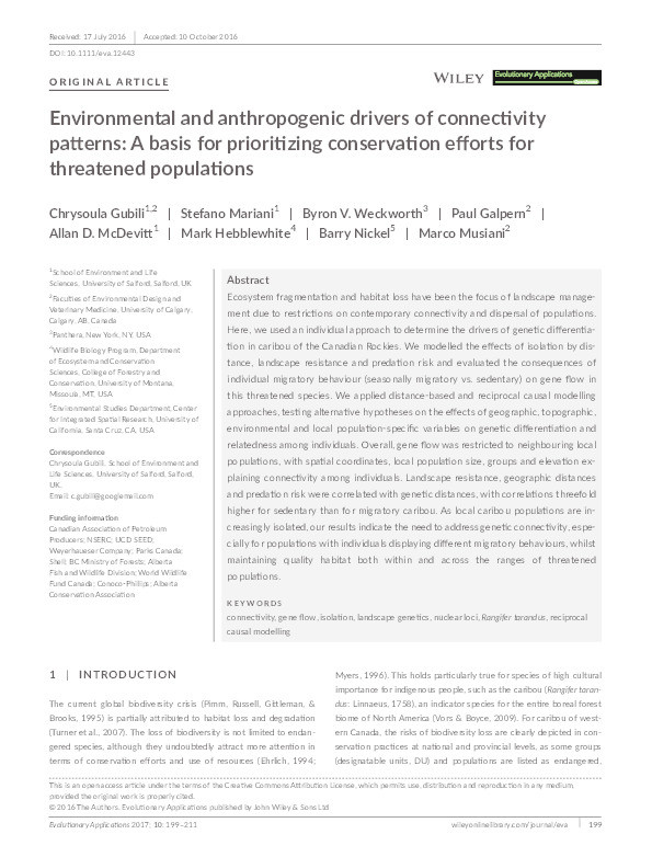 ﻿Environmental and anthropogenic drivers of connectivity patterns : a basis for prioritizing conservation efforts for threatened populations Thumbnail