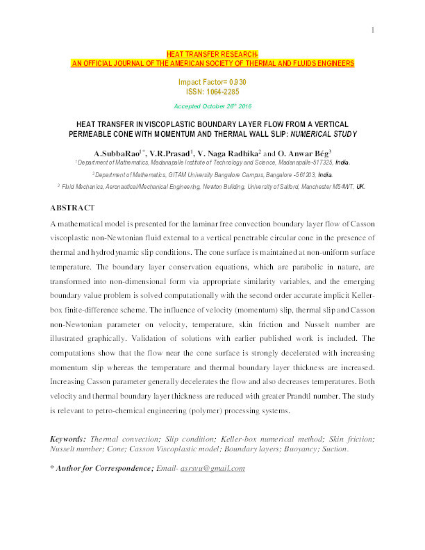 Heat transfer in viscoplastic boundary layer flow from a vertical permeable cone with momentum and thermal wall slip : numerical study Thumbnail