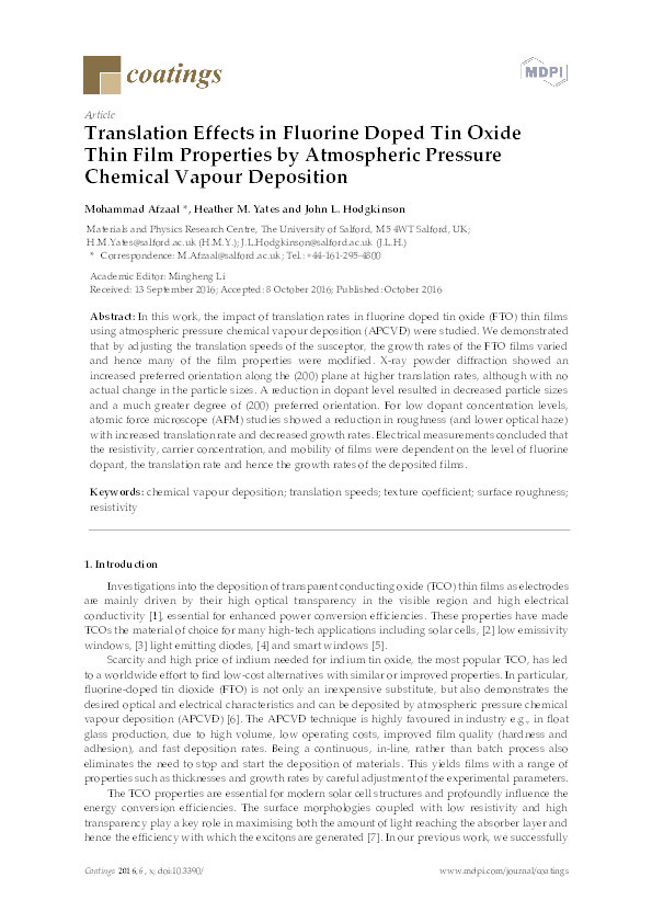 Translation effects in fluorine doped tin oxide thin film properties by atmospheric pressure chemical vapor deposition Thumbnail