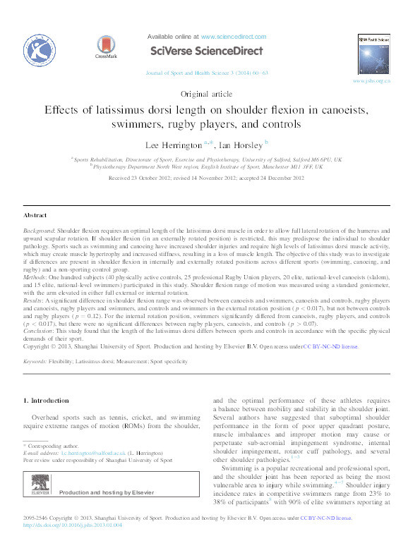 Effects of latissimus dorsi length on shoulder flexion in canoeists, swimmers, rugby players, and controls Thumbnail