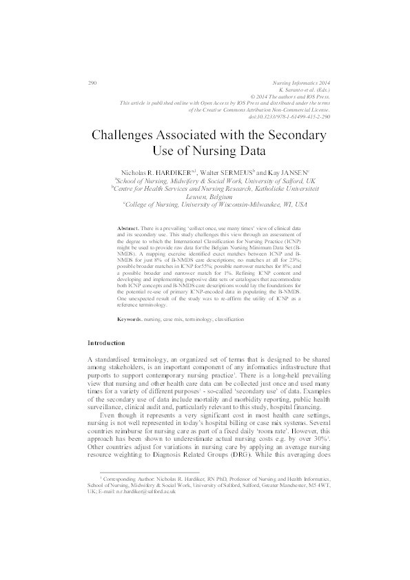 Challenges associated with the secondary use of nursing data Thumbnail