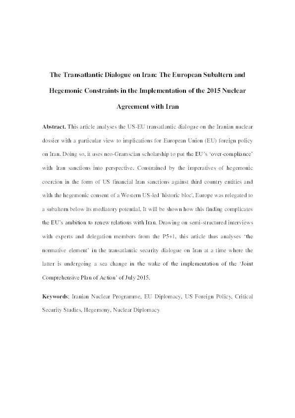 The transatlantic dialogue on Iran : the European subaltern and hegemonic constraints in the implementation of the 2015 nuclear agreement with Iran Thumbnail