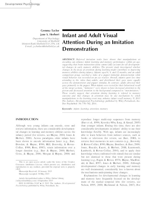 Infant and adult visual attention during an imitation demonstration Thumbnail