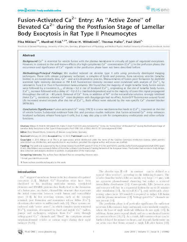 Fusion-Activated Ca2+ Entry: An “Active Zone” of Elevated Ca2+ during the Postfusion Stage of Lamellar Body Exocytosis in Rat Type II Pneumocytes Thumbnail