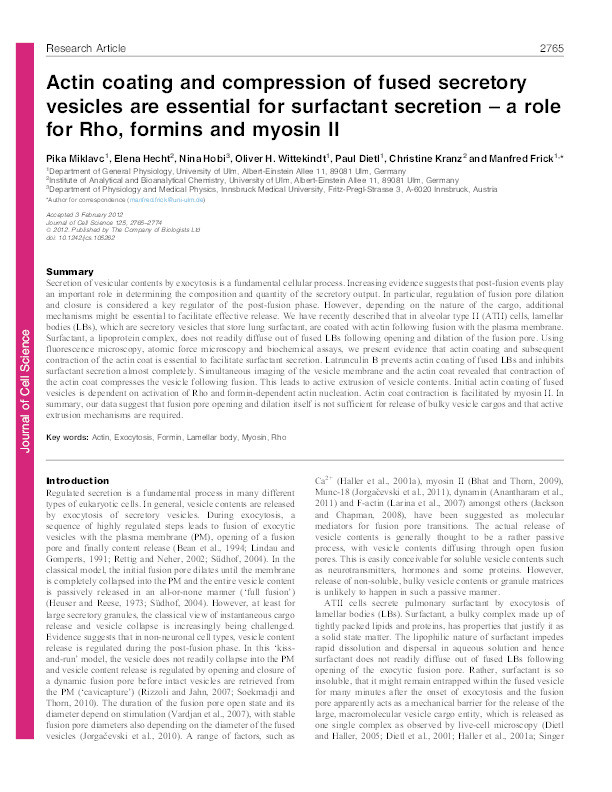 Actin coating and compression of fused secretory vesicles are essential for surfactant secretion - a role for Rho, formins and myosin II Thumbnail