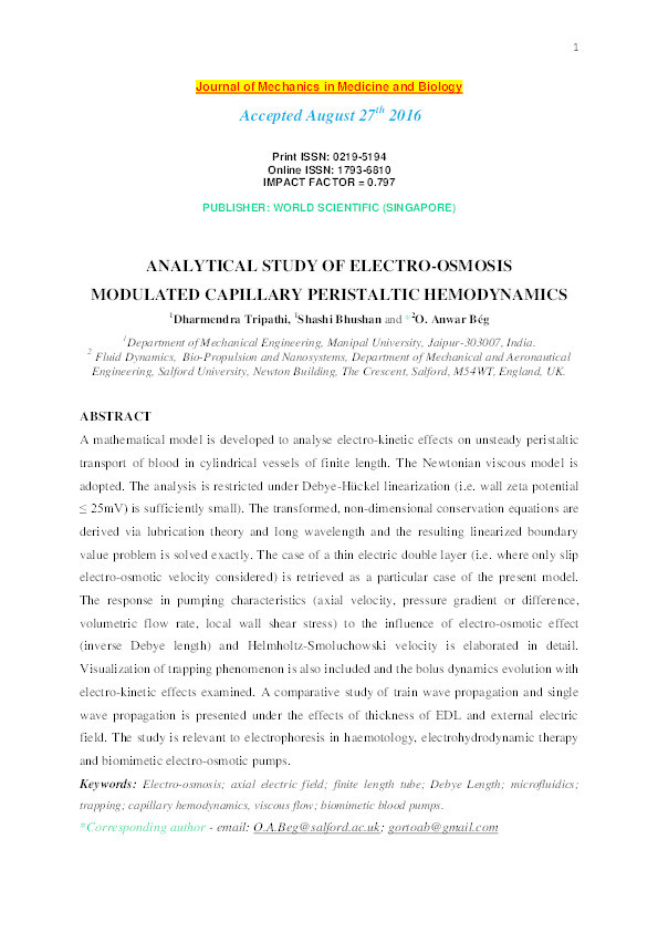 Analytical study of electro-osmosis  modulated capillary peristaltic hemodynamics Thumbnail