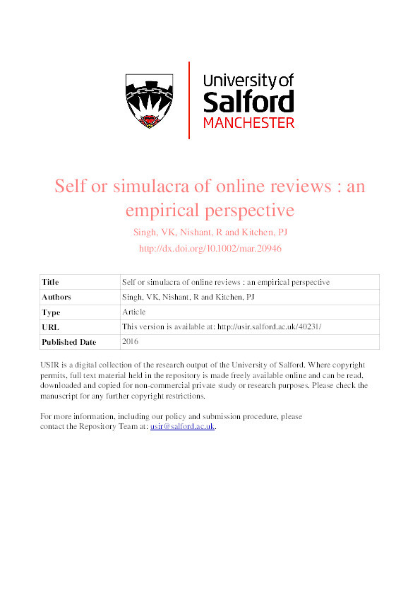 Self or simulacra of online reviews : an empirical perspective Thumbnail