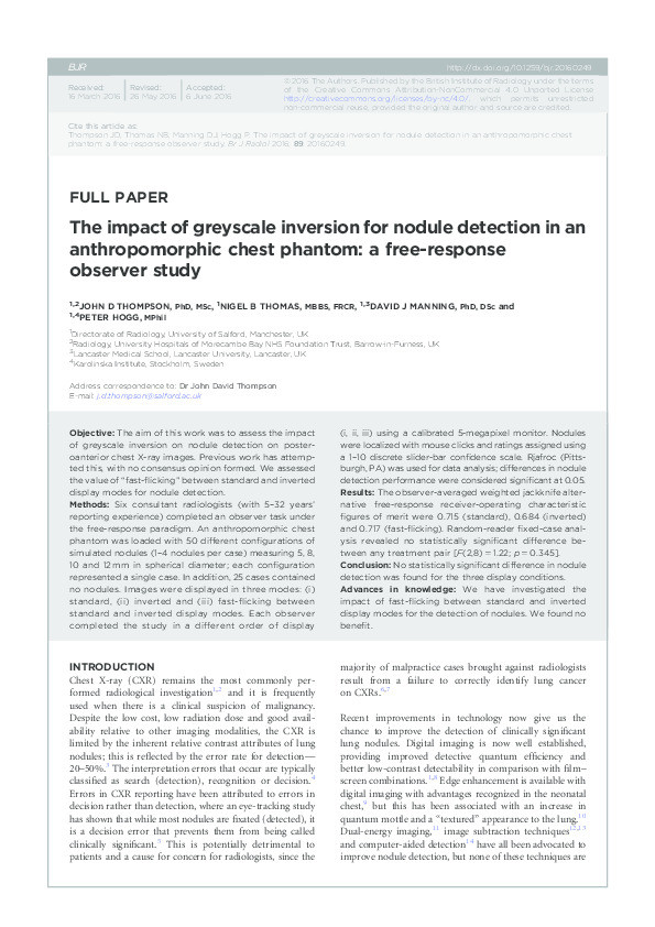 The impact of greyscale inversion for nodule detection in an anthropomorphic chest phantom: a free-response observer study Thumbnail
