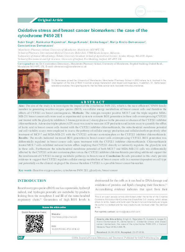 Oxidative stress and breast cancer biomarkers : the case of the cytochrome P450 2E1 Thumbnail