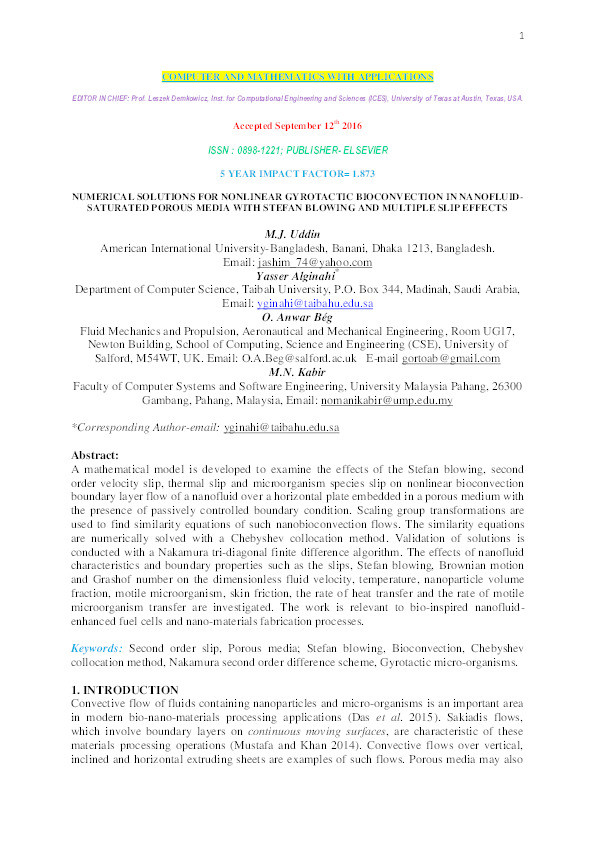 Numerical solutions for nonlinear gyrotactic bioconvection in nanofluid-saturated porous media with stefan blowing and multiple slip effects Thumbnail