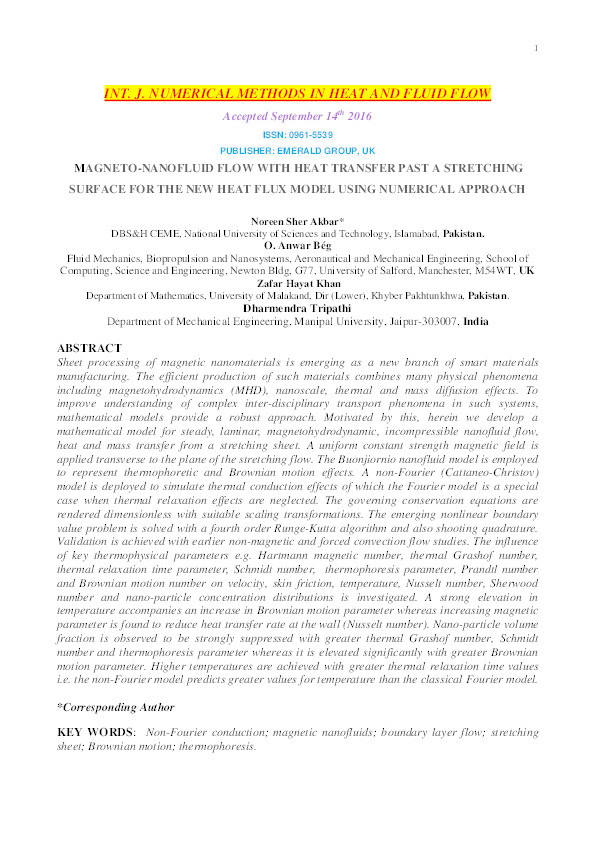 Magneto-nanofluid flow with heat transfer past a stretching surface for the new heat flux model using numerical approach Thumbnail