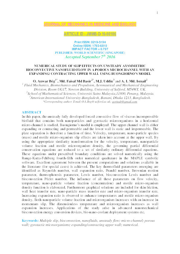 Numerical study of slip effects on unsteady aysmmetric bioconvective nanofluid flow in a porous microchannel with an expanding/ contracting upper wall using Buongiorno’s model Thumbnail