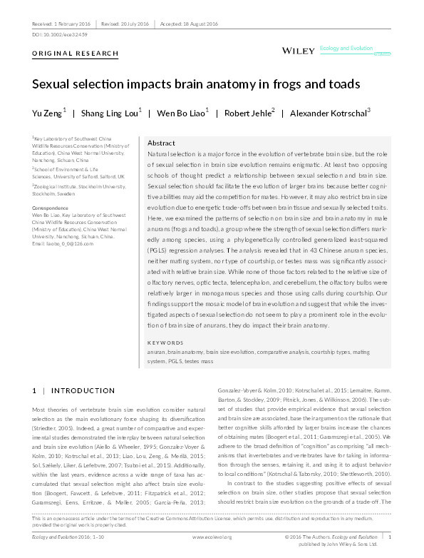 Sexual selection impacts brain anatomy in frogs
and toads Thumbnail