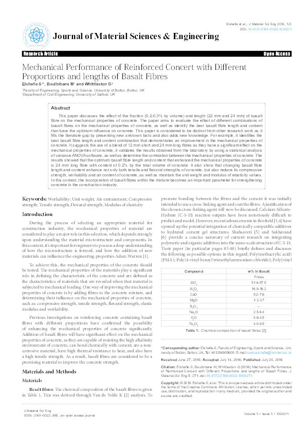 Mechanical performance of reinforced concrete with different 
proportions and lengths of Basalt Fibres Thumbnail