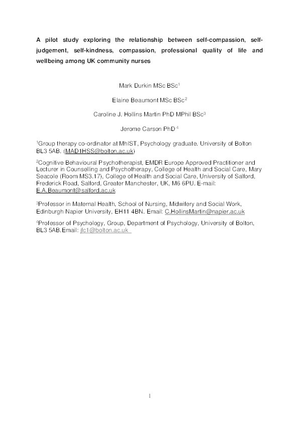 A pilot study exploring the relationship between self-compassion, self-judgement, self-kindness, compassion, professional quality of life and wellbeing among UK community nurses Thumbnail