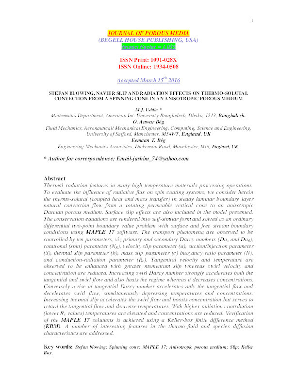 Stefan blowing, navier slip and radiation effects on thermo-solutal convection from a spinning cone in an anisotropic porous medium Thumbnail