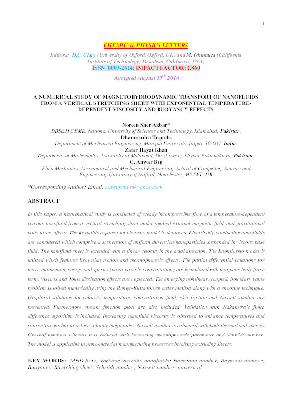 A numerical study of magnetohydrodynamic transport of nanofluids from a vertical stretching sheet with exponential temperature-dependent viscosity and buoyancy effects Thumbnail