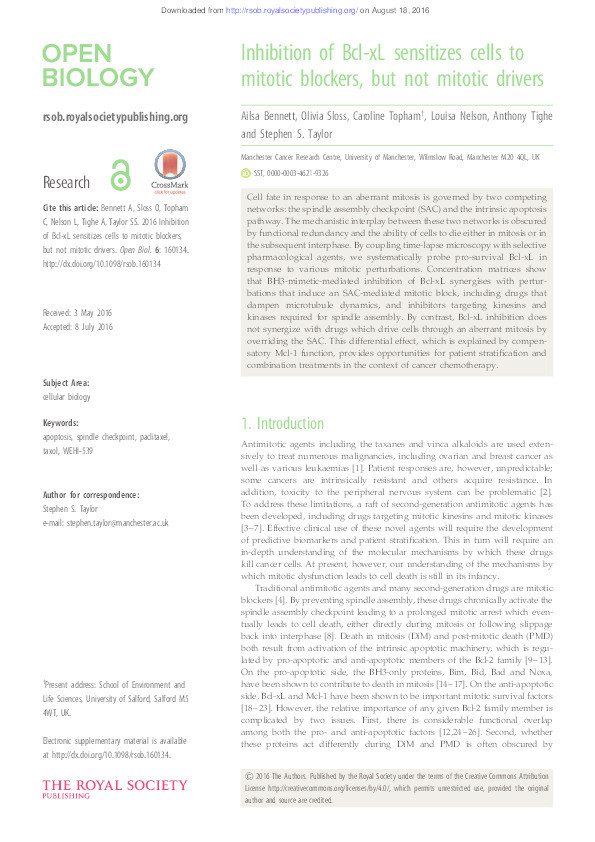 Inhibition of Bcl-xL sensitizes cells to mitotic blockers, but not mitotic drivers Thumbnail