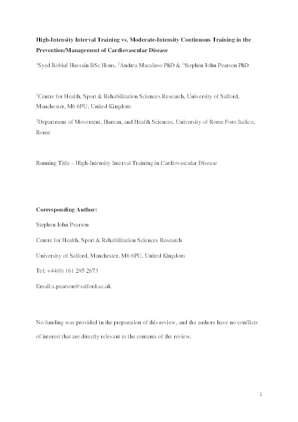 High-intensity interval training vs. moderate-intensity continuous training in the prevention/management of cardiovascular disease Thumbnail