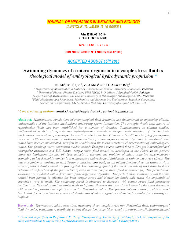 Swimming dynamics of a micro-organism in a couple stress fluid : a rheological model of embryological hydrodynamic propulsion Thumbnail