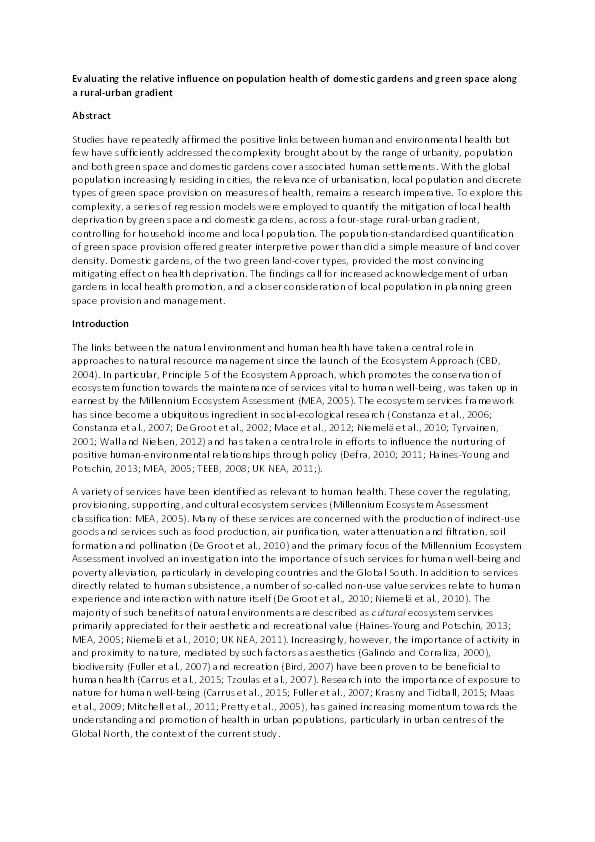 Evaluating the relative influence on population health of domestic gardens and green space along a rural-urban gradient Thumbnail