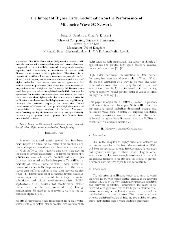 The impact of higher order sectorisation on the performance of millimetre wave 5G network Thumbnail