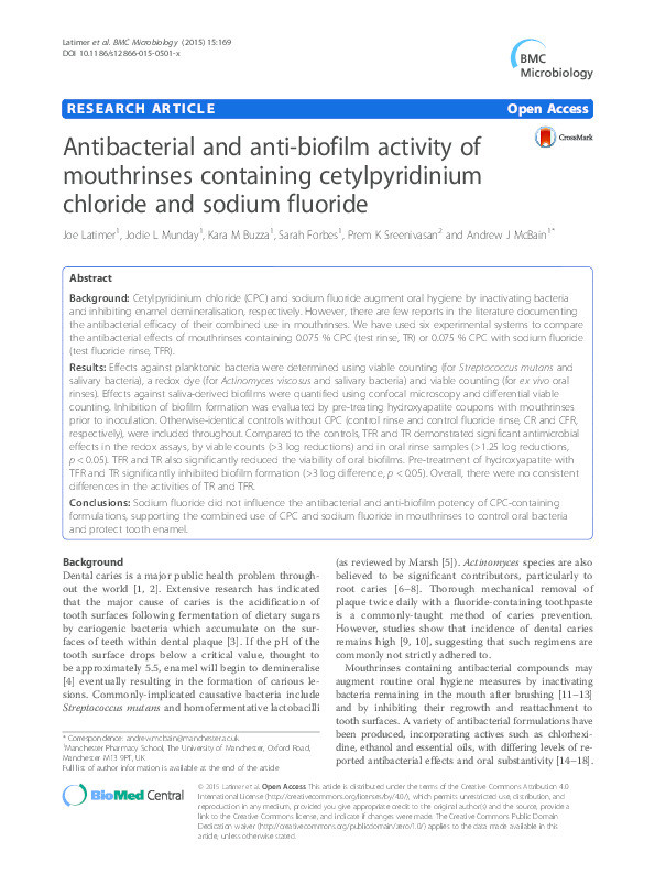 Antibacterial and anti-biofilm activity of mouthrinses containing cetylpyridinium chloride and sodium fluoride Thumbnail