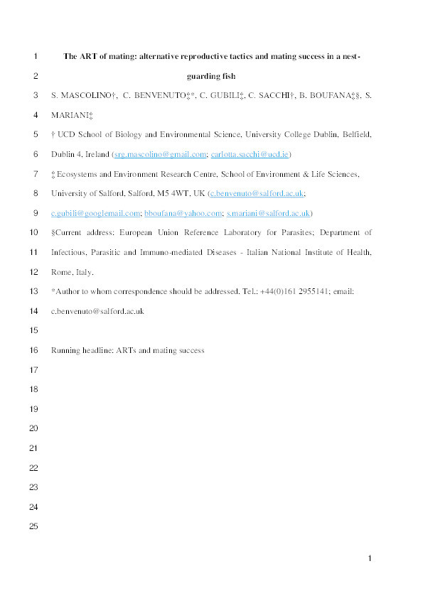 The ART of mating : alternative reproductive tactics and mating success in a nest-guarding fish Thumbnail