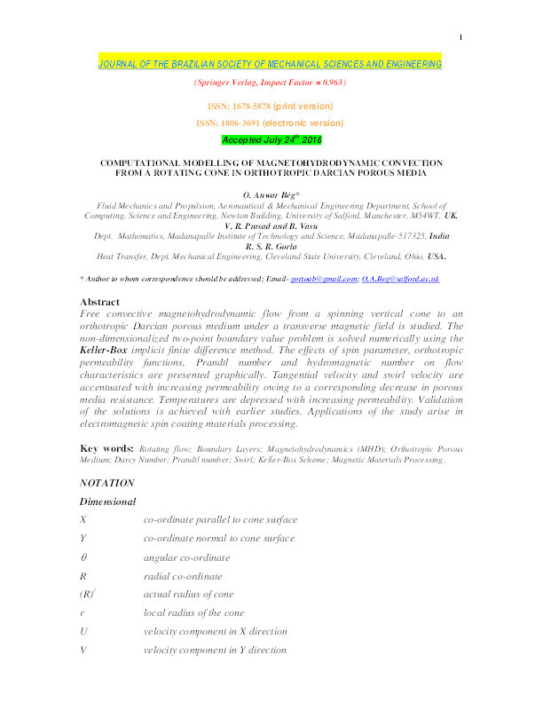 Computational modelling of magnetohydrodynamic convection from a rotating cone in orthotropic darcian porous media Thumbnail