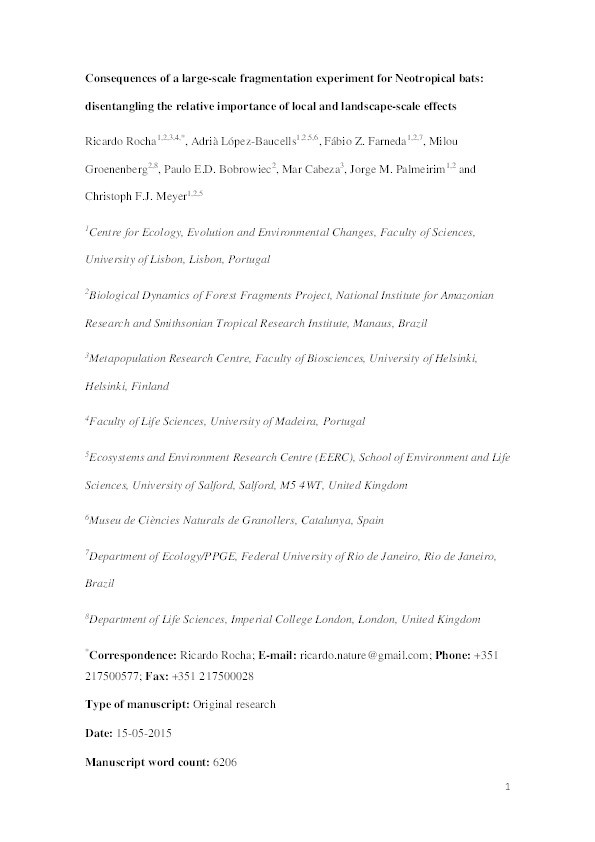 Consequences of a large-scale fragmentation experiment for Neotropical bats : disentangling the relative importance of local and landscape-scale effects Thumbnail