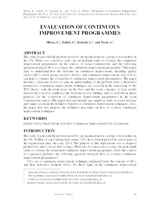 Evaluation of continuous improvement programmes Thumbnail