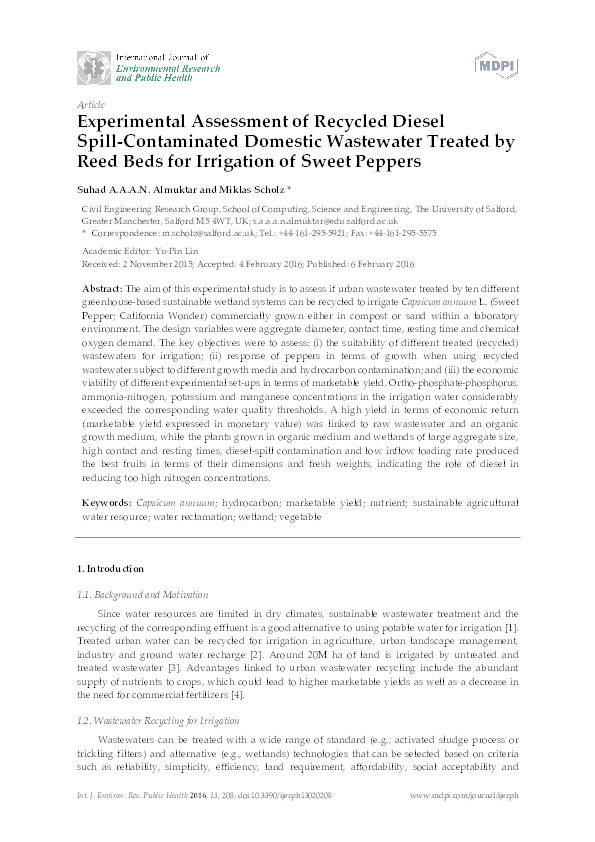 Experimental assessment of recycled diesel spill-contaminated domestic wastewater treated by reed beds for irrigation of sweet peppers Thumbnail