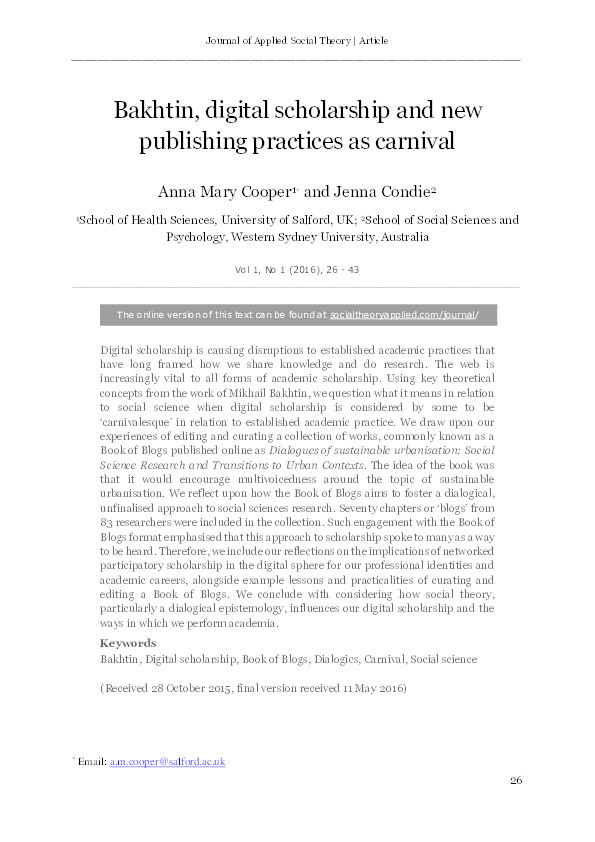 Bakhtin, digital scholarship and new publishing practices as carnival Thumbnail