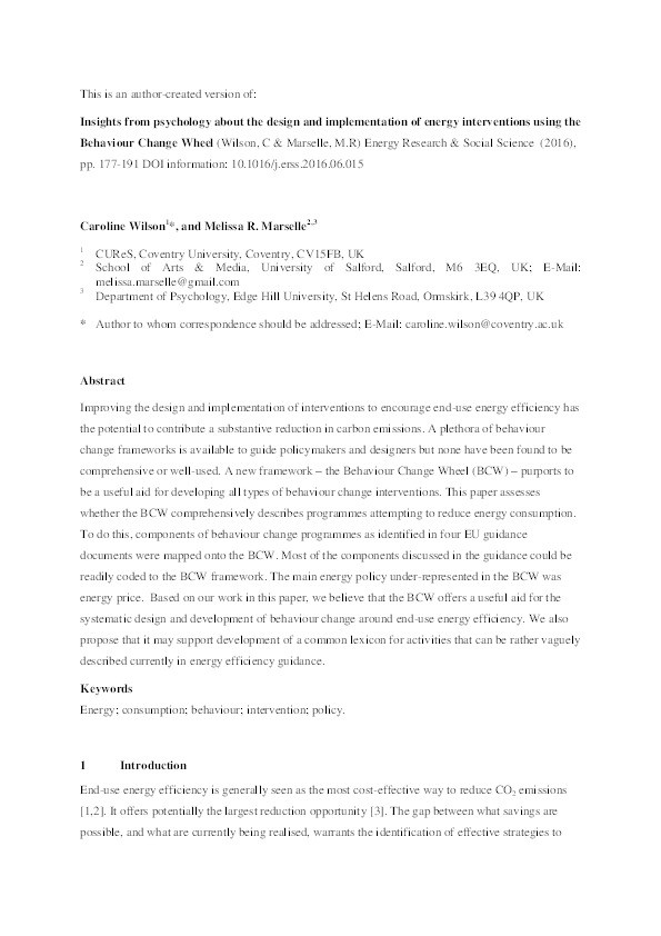 Insights from psychology about the design and implementation of energy interventions using the behaviour change wheel Thumbnail