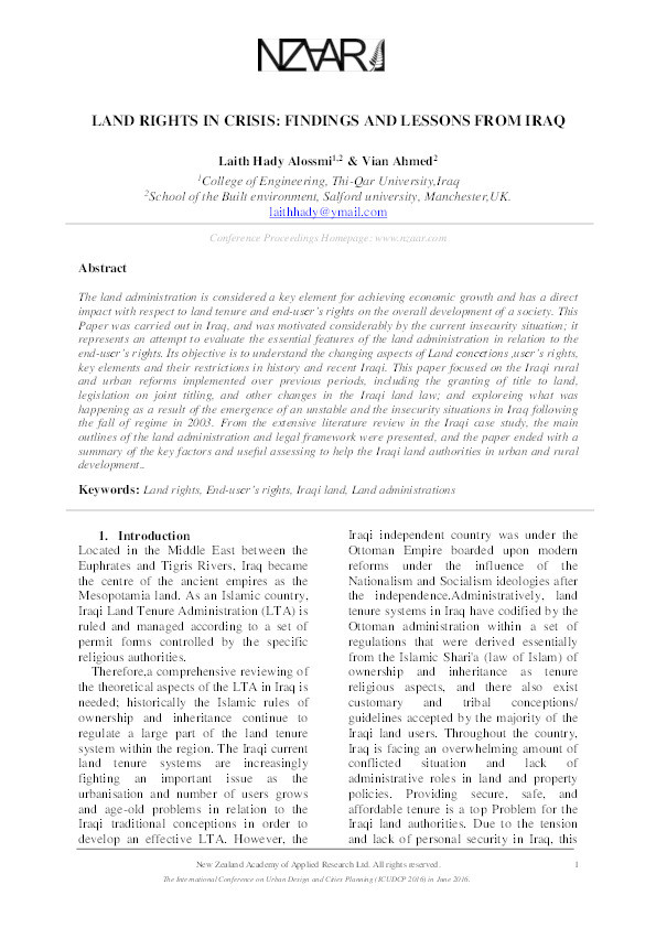 Land rights in crisis : findings and lessons from Iraq Thumbnail