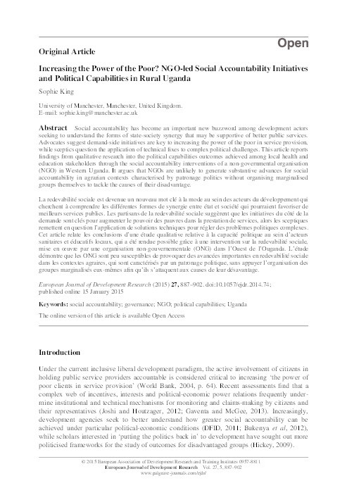 Increasing the power of the poor? NGO-led social accountability initiatives and political capabilities in rural Uganda Thumbnail