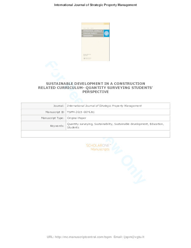 Sustainable development in a construction related curriculum- quantity surveying students’ perspective Thumbnail