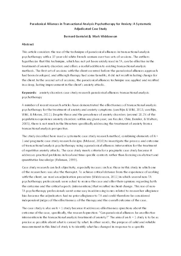 Paradoxical alliances in transactional analysis psychotherapy for anxiety : a systematic adjudicated case study Thumbnail