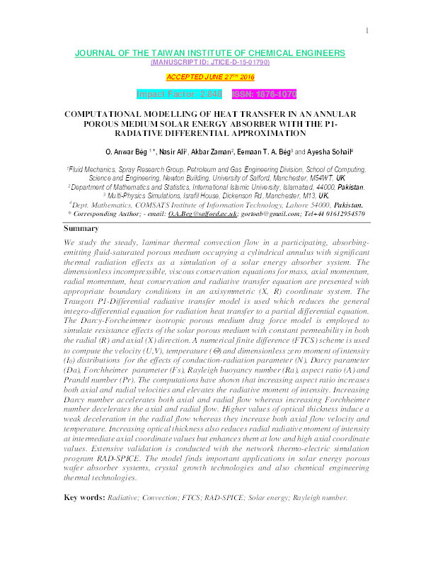 Computational modelling of heat transfer in an annular porous medium solar energy absorber with the p1-radiative differential approximation Thumbnail