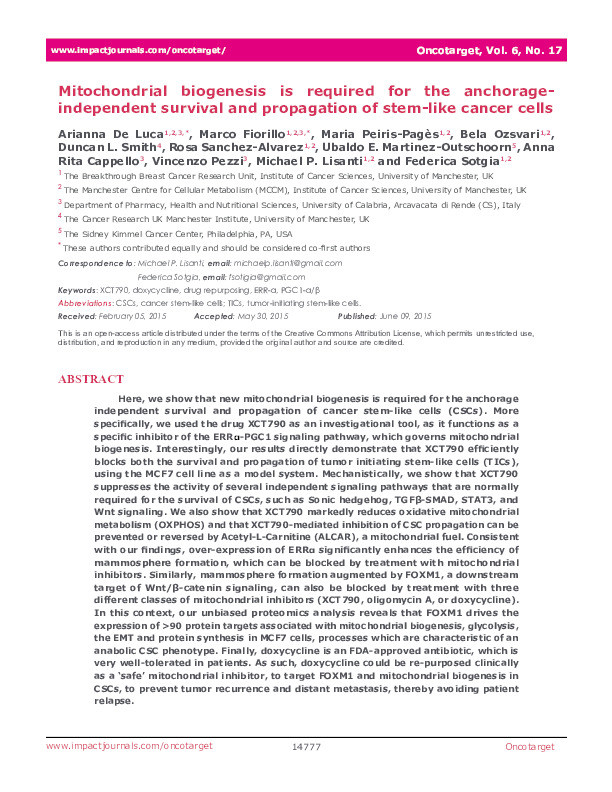 Mitochondrial biogenesis is required for the anchorage-independent survival and propagation of stem-like cancer cells Thumbnail