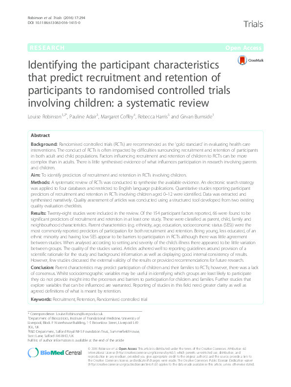 Identifying the participant characteristics that predict recruitment and retention of participants to randomised controlled trials involving children : a systematic review Thumbnail