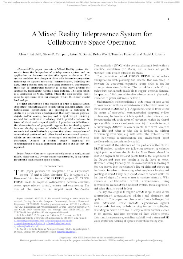 A mixed reality telepresence system for
collaborative space operation Thumbnail