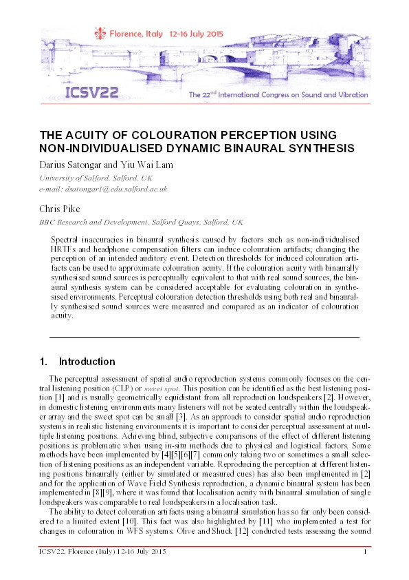 The acuity of colouration perception using non-individualised dynamic binaural synthesis Thumbnail