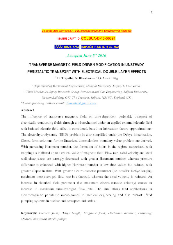 Transverse magnetic field driven modification in unsteady peristaltic transport with electrical double layer effects Thumbnail