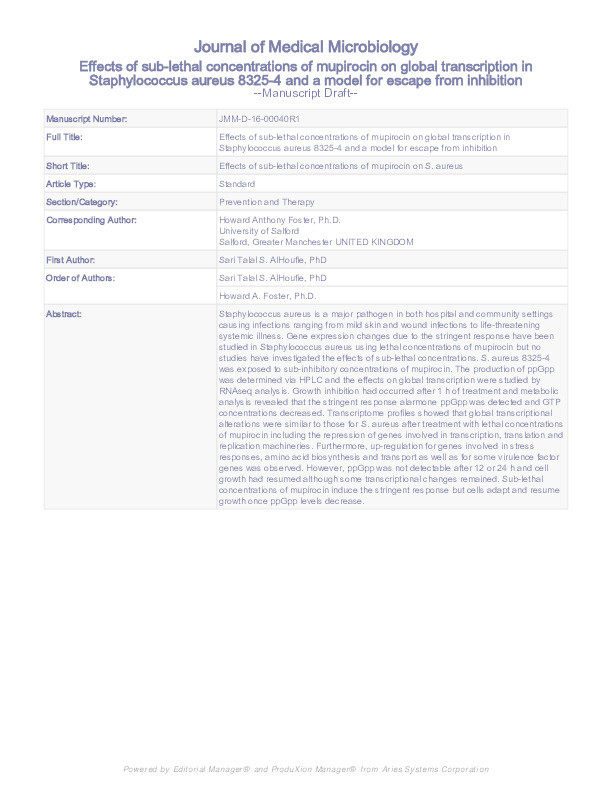 Effects of sub-lethal concentrations of mupirocin on global transcription in Staphylococcus aureus 8325-4 and a model for escape from inhibition Thumbnail